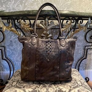 EUC FRYE Phoenix Deco Studded Tote Double Handle Metallic Pewter Gray GORGEOUS